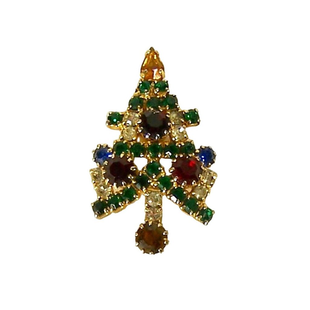 Warner Style Multi-Color Rhinestones Candle Christmas Tree Pin Brooch Estate Vtg